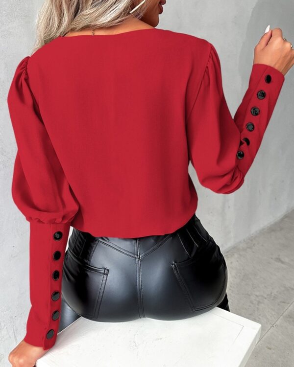 Fashion V-neck Long Sleeve Blouse with Button Design Commuter Leisure Fashion V-neck Long Sleeve Blouse with Button Design Commuter Leisure