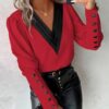 Fashion V-neck Long Sleeve Blouse with Button Design Commuter Leisure Fashion V-neck Long Sleeve Blouse with Button Design Commuter Leisure