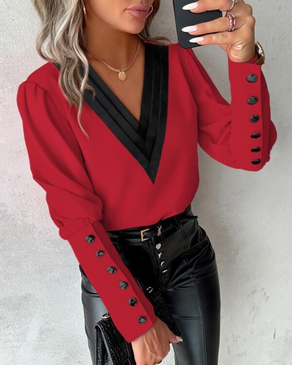 Fashion V-neck Long Sleeve Blouse with Button Design Commuter Leisure Fashion V-neck Long Sleeve Blouse with Button Design Commuter Leisure