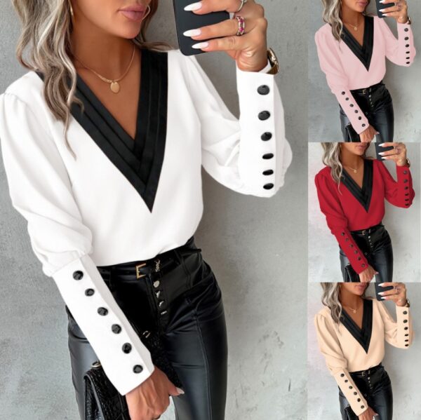 Fashion V-neck Long Sleeve Blouse with Button Design Commuter Leisure Fashion V-neck Long Sleeve Blouse with Button Design Commuter Leisure