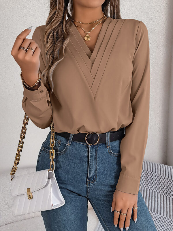 Fashion V-neck Long Sleeve Shirt Elegant Commuter Solid Blouse Office