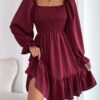 Flared Long Sleeve Dresses Women Square Neck Ruffled Swing Dress
