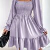 Flared Long Sleeve Dresses Women Square Neck Ruffled Swing Dress
