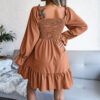 Flared Long Sleeve Dresses Women Square Neck Ruffled Swing Dress