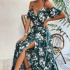 Flower Print Split Suspender Dress with Lace-up Design Summer Fashion