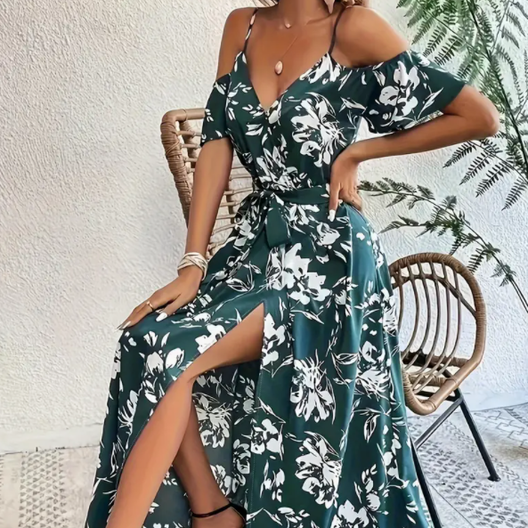 Flower Print Split Suspender Dress with Lace-up Design Summer Fashion