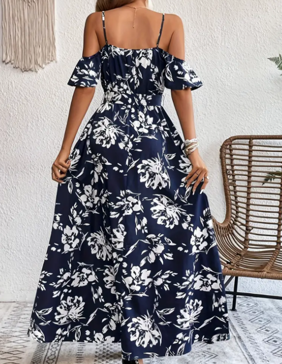 Flower Print Split Suspender Dress with Lace-up Design Summer Fashion