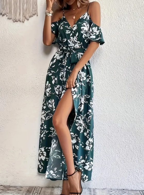 Flower Print Split Suspender Dress with Lace-up Design Summer Fashion