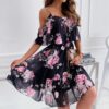 Flower Printed Ruffled Suspender Dress Summer Off-the-shoulder Strap