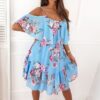 Flower Printed Ruffled Suspender Dress Summer Off-the-shoulder Strap