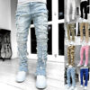 Fringes Ripped Trousers Individual Patched Pants Long Tight Fit Stacked