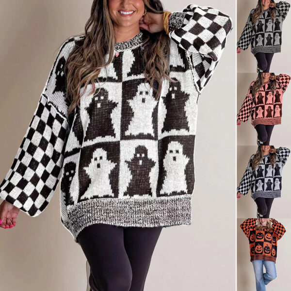 Halloween Cartoon Ghost and Checkerboard Print Pullover Sweater Autumn Halloween Cartoon Ghost and Checkerboard Print Pullover Sweater Autumn