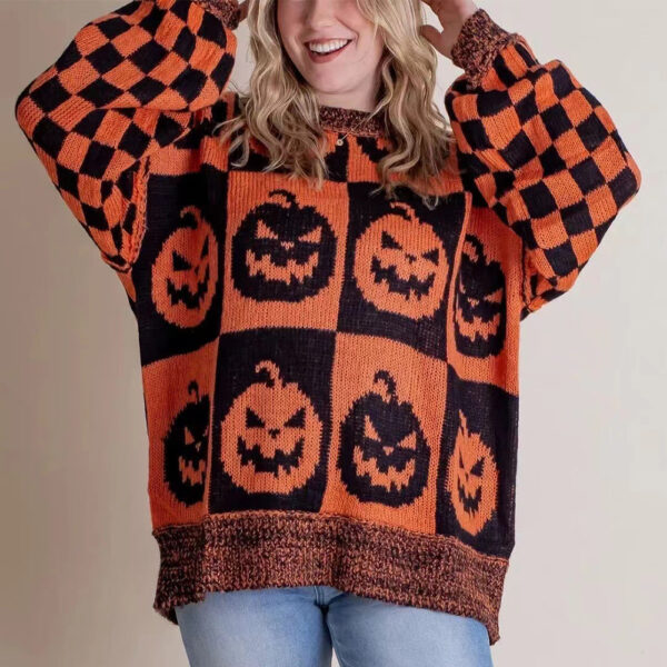 Halloween Cartoon Ghost and Checkerboard Print Pullover Sweater Autumn Halloween Cartoon Ghost and Checkerboard Print Pullover Sweater Autumn