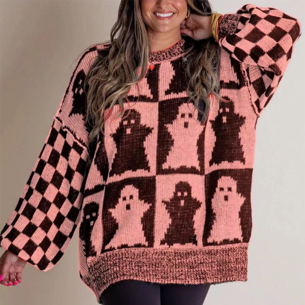 Halloween Cartoon Ghost and Checkerboard Print Pullover Sweater Autumn Halloween Cartoon Ghost and Checkerboard Print Pullover Sweater Autumn