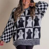 Halloween Cartoon Ghost and Checkerboard Print Pullover Sweater Autumn Halloween Cartoon Ghost and Checkerboard Print Pullover Sweater Autumn