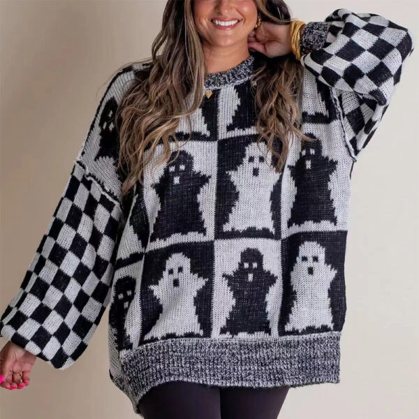 Halloween Cartoon Ghost and Checkerboard Print Pullover Sweater Autumn Halloween Cartoon Ghost and Checkerboard Print Pullover Sweater Autumn