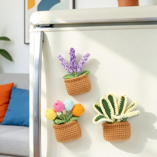 Handmade Crochet Square Pot Green Plant Three Piece Set with Lavender Handmade Crochet Square Pot Green Plant Three Piece Set with Lavender