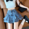 High Waist A- Line Fishtail Puffy Ruffled Denim Skirt Women High Waist A- Line Fishtail Puffy Ruffled Denim Skirt Women