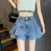 High Waist A- Line Fishtail Puffy Ruffled Denim Skirt Women High Waist A- Line Fishtail Puffy Ruffled Denim Skirt Women