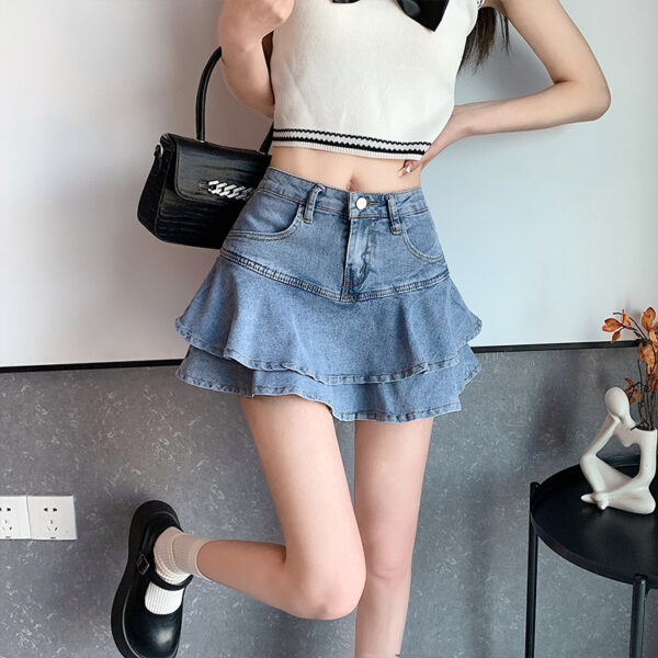 High Waist A- Line Fishtail Puffy Ruffled Denim Skirt Women High Waist A- Line Fishtail Puffy Ruffled Denim Skirt Women