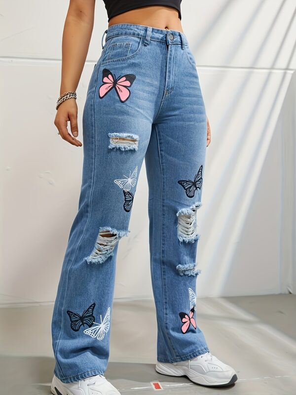 High Waisted Straight Leg Jeans for Women Trendy Butterfly Print Ripped High Waisted Straight Leg Jeans for Women Trendy Butterfly Print Ripped