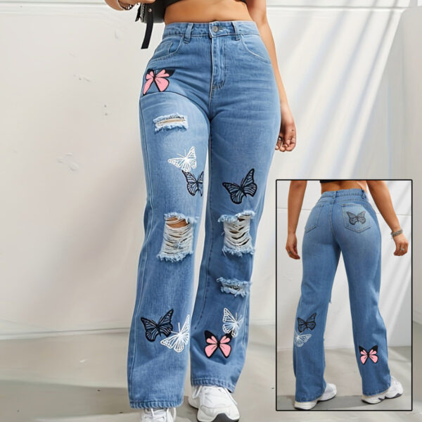 High Waisted Straight Leg Jeans for Women Trendy Butterfly Print Ripped