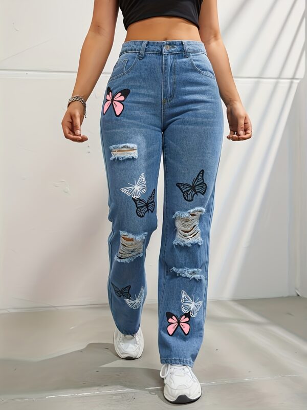 High Waisted Straight Leg Jeans for Women Trendy Butterfly Print Ripped High Waisted Straight Leg Jeans for Women Trendy Butterfly Print Ripped