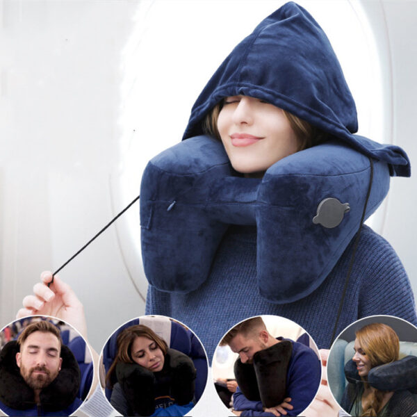 Hooded Travel Pillow H Shaped Inflatable Neck Folding Lightweight Nap Hooded Travel Pillow H Shaped Inflatable Neck Folding Lightweight Nap