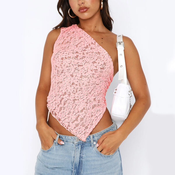 Lace Backless Top Summer Solid Color Waistless Asymmetrical Sloped Neck