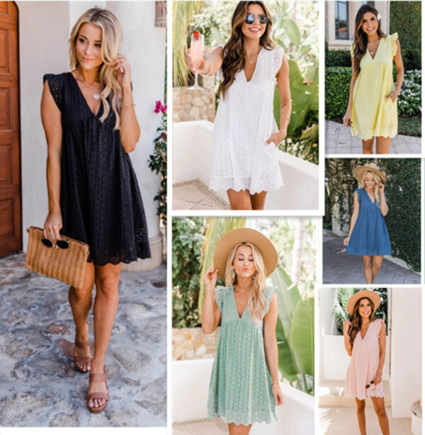 Lace Dresses with Pocket Summer Sleeveless Jacquard Cutout V-neck Beach Lace Dresses with Pocket Summer Sleeveless Jacquard Cutout V-neck Beach