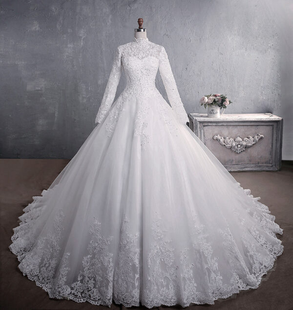 Lace Wedding Dress Bridal Stand-up Collar Long-sleeved Large Tail Size Lace Wedding Dress Bridal Stand-up Collar Long-sleeved Large Tail Size
