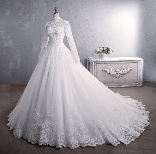 Lace Wedding Dress Bridal Stand-up Collar Long-sleeved Large Tail Size