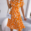 Leaf Print Dress Women Short Sleeve Lace-up Skirt Summer Beach