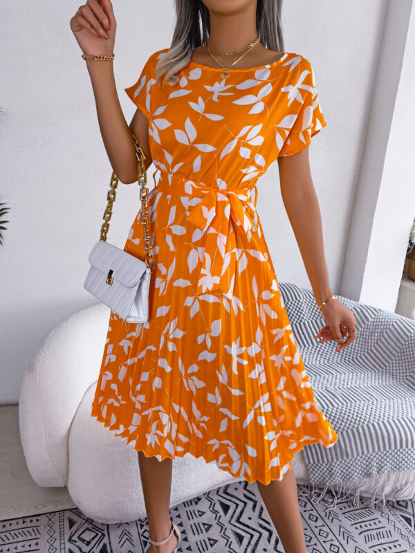 Leaf Print Dress Women Short Sleeve Lace-up Skirt Summer Beach