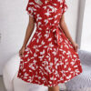Leaf Print Dress Women Short Sleeve Lace-up Skirt Summer Beach