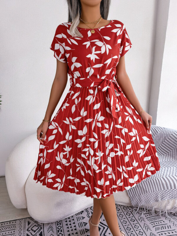 Leaf Print Dress Women Short Sleeve Lace-up Skirt Summer Beach