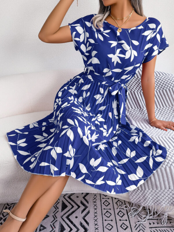 Leaf Print Dress Women Short Sleeve Lace-up Skirt Summer Beach