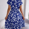 Leaf Print Dress Women Short Sleeve Lace-up Skirt Summer Beach