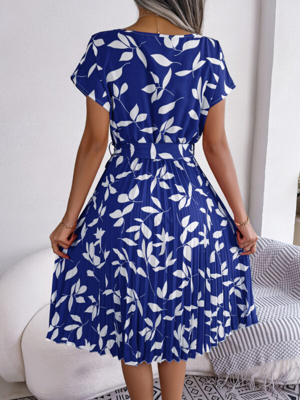 Leaf Print Dress Women Short Sleeve Lace-up Skirt Summer Beach