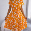 Leaf Print Dress Women Short Sleeve Lace-up Skirt Summer Beach