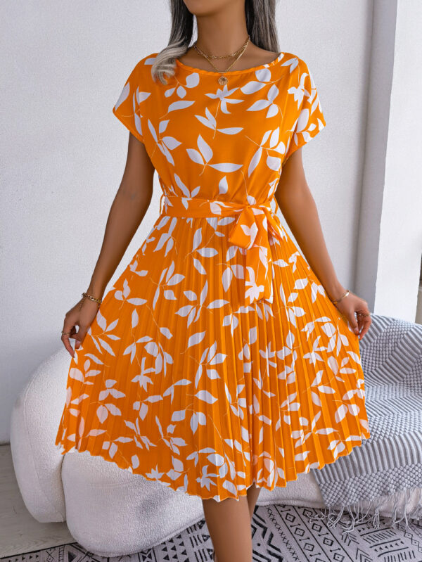 Leaf Print Dress Women Short Sleeve Lace-up Skirt Summer Beach