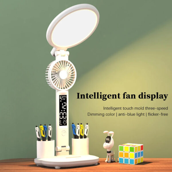 LED Clock Table Lamp USB Chargeable Dimmable Desk Plug-in Fan Light