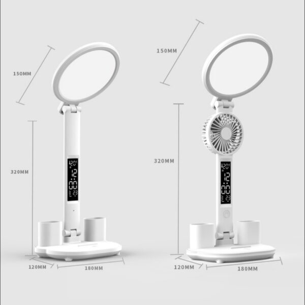 LED Clock Table Lamp USB Chargeable Dimmable Desk Plug-in Fan Light