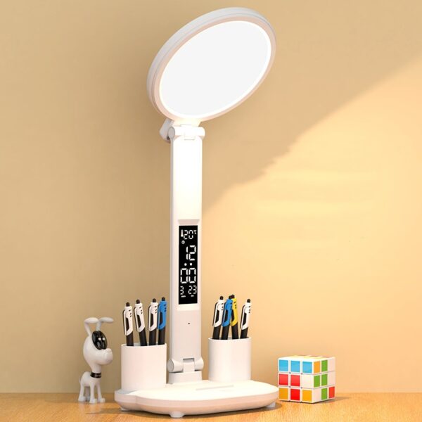 LED Clock Table Lamp USB Chargeable Dimmable Desk Plug-in Fan Light