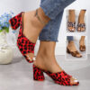Leopard Square Toe Sandals Summer High-heeled Slippers Chunky Heel
