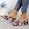 Leopard Square Toe Sandals Summer High-heeled Slippers Chunky Heel