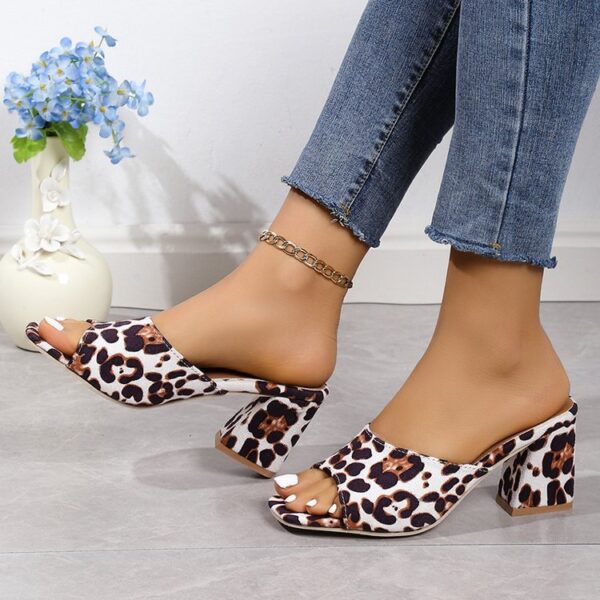 Leopard Square Toe Sandals Summer High-heeled Slippers Chunky Heel