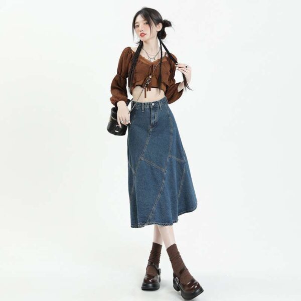 Long Skirt High Waist Denim Skirt Cross Skirt for Women