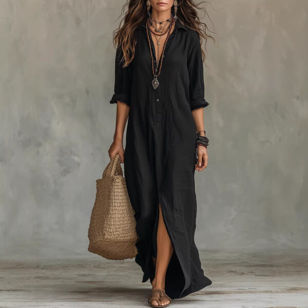 Long-sleeve Maxi Dress Casual Solid Color Lapel Collar Side Slit Beach