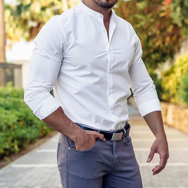 Long Sleeve Shirt Men Casual Button Down Slim Tops Solid Color
